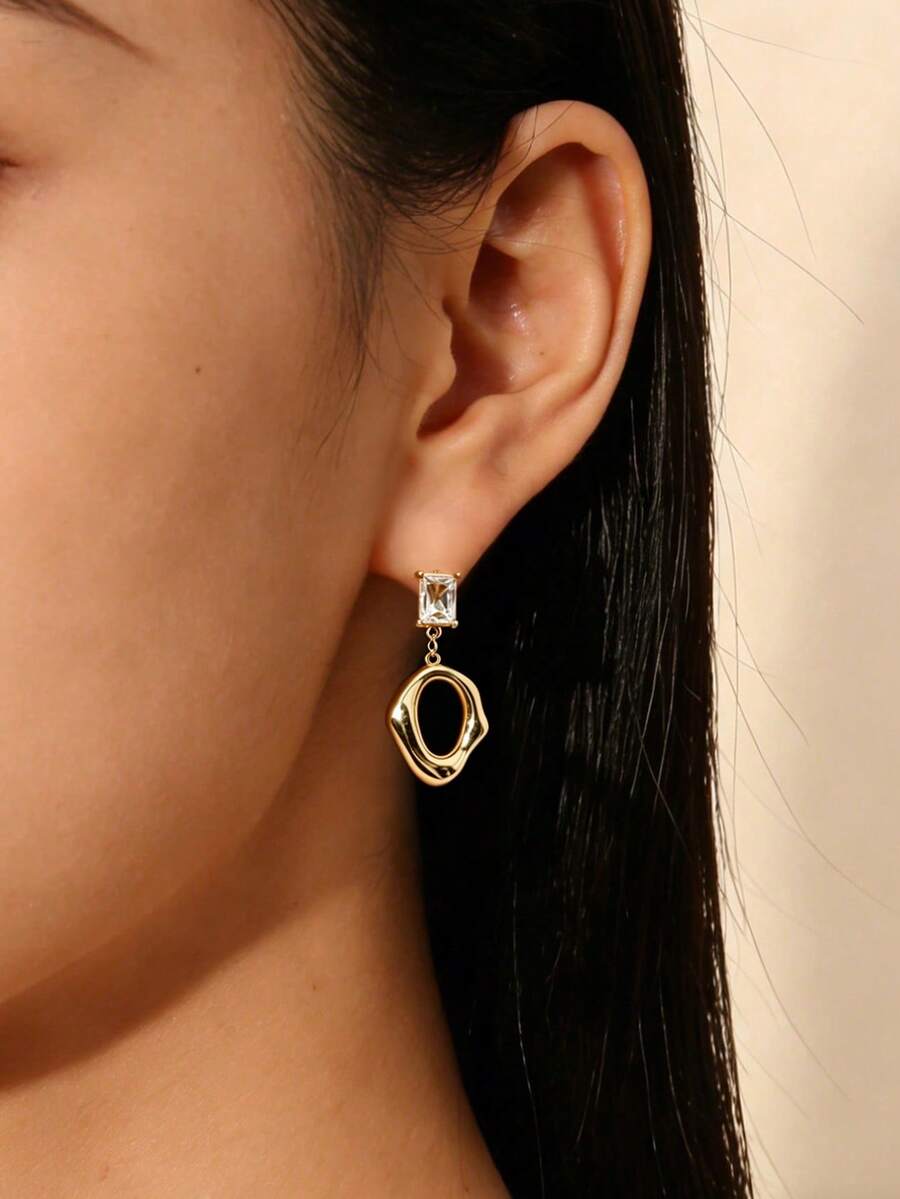 1 Pair Fashionable Asymmetrical Geometric Square Zirconia Earrings, Gold Unique Design Eardrops, Versatile Daily Wear Earrings For Women - Geometric Earrings - View 1