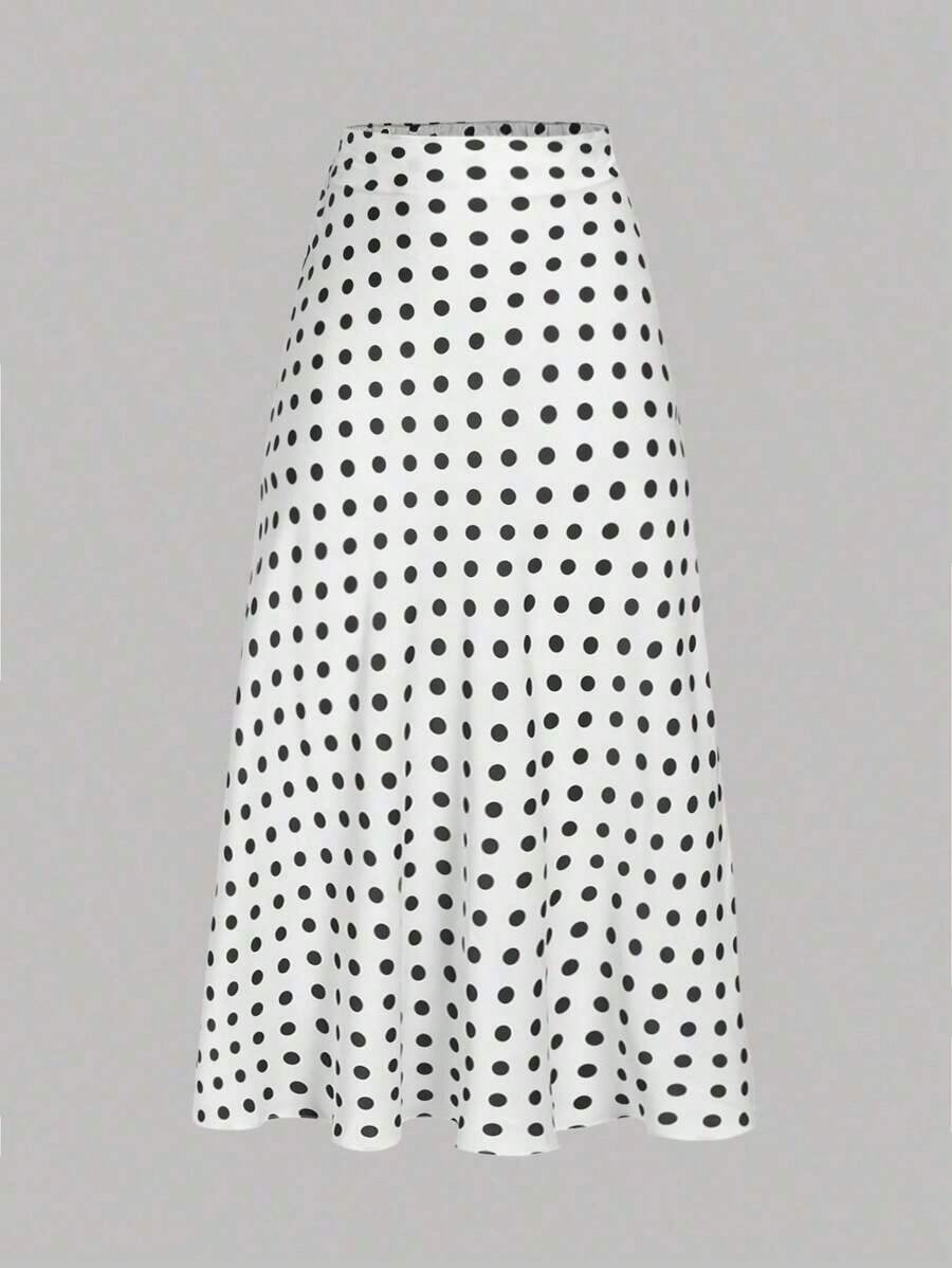 Falda de estilo vacacional elegante y retro con estampado de lunares para mujeres, otoño, invierno - Blanco - Ver 1