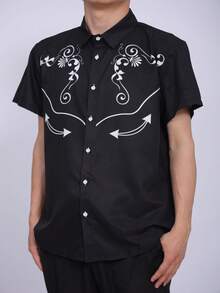 Kemeja Western Pria - Kemeja Lengan Pendek Motif Botanikal Gaya Koboi Western - Hitam - View 2