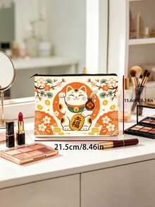 Vintage Style Lucky Cat Print Cosmetic Bag, Traditional Japanese Fortune Cat Zipper Pouch - Multicolor - View 5