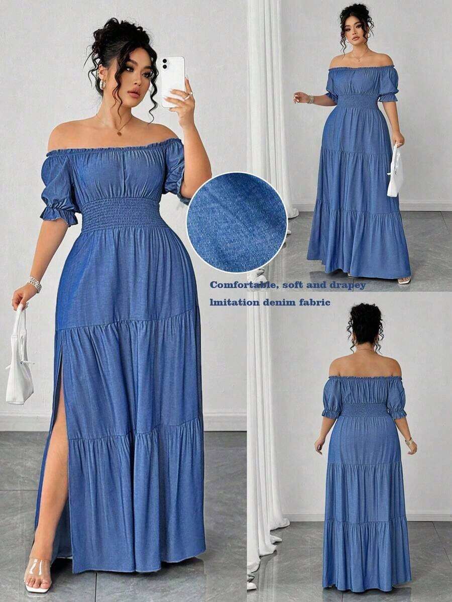 Vestido casual elegante de talla grande para mujer de primavera/verano, en azul sólido de aspecto de mezclilla con cintura fruncida y con abertura lateral - Azul 3 - Ver 1