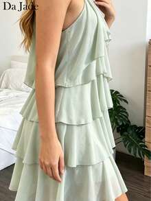 Da Jade Women's Sweet French Style Mint Green Spaghetti Strap 3D Rose Decor Multi-Layer Ruffle Backless Mini Dress, Suitable For Spring/Summer Dating, Vacation, Party, Outing, Party Dress - Green - View 5