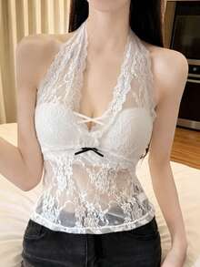 Áo hai dây ren cổ chữ V thắt nơ gợi cảm cho nữ, áo vest lưới xuyên thấu khoét rỗng nhiều lớp hở lưng, phong cách thường ngày mùa xuân/hè. - trắng - Xem 6
