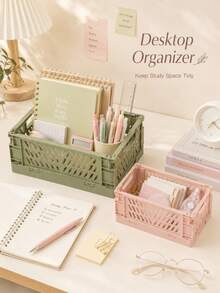 1pc Foldable Plastic Storage Box, Light Color Stackable Desktop Organizer Basket Suitable For Stationery, Cosmetics, Snacks And Home Shelves School Supplies - S Size (random Color) - View 5