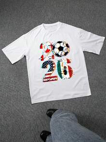 The Graphic Shows The Number 2026 With A Soccer Ball In The Center Surrounded By Flags Representing The Union Of Host Countries And Symbolizing Passion For The Sport, International Celebration, And The Energy Of The Fans. Men's T-Shirt - 白色 - 查看 3