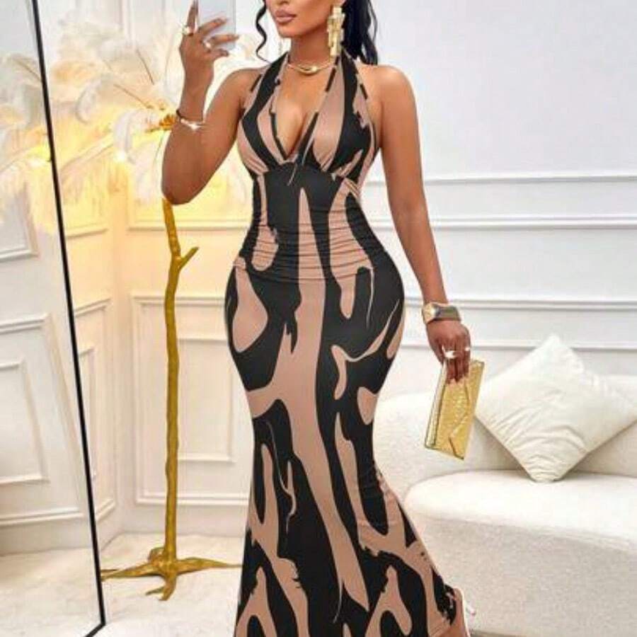 Women's Sexy Wavy Pattern Print Deep V Neck Ruched Waist Spaghetti Strap Lace Bodycon Vacation/Party Dress (Random Floral Print) Elegant Summer - Caqui - Ver 1