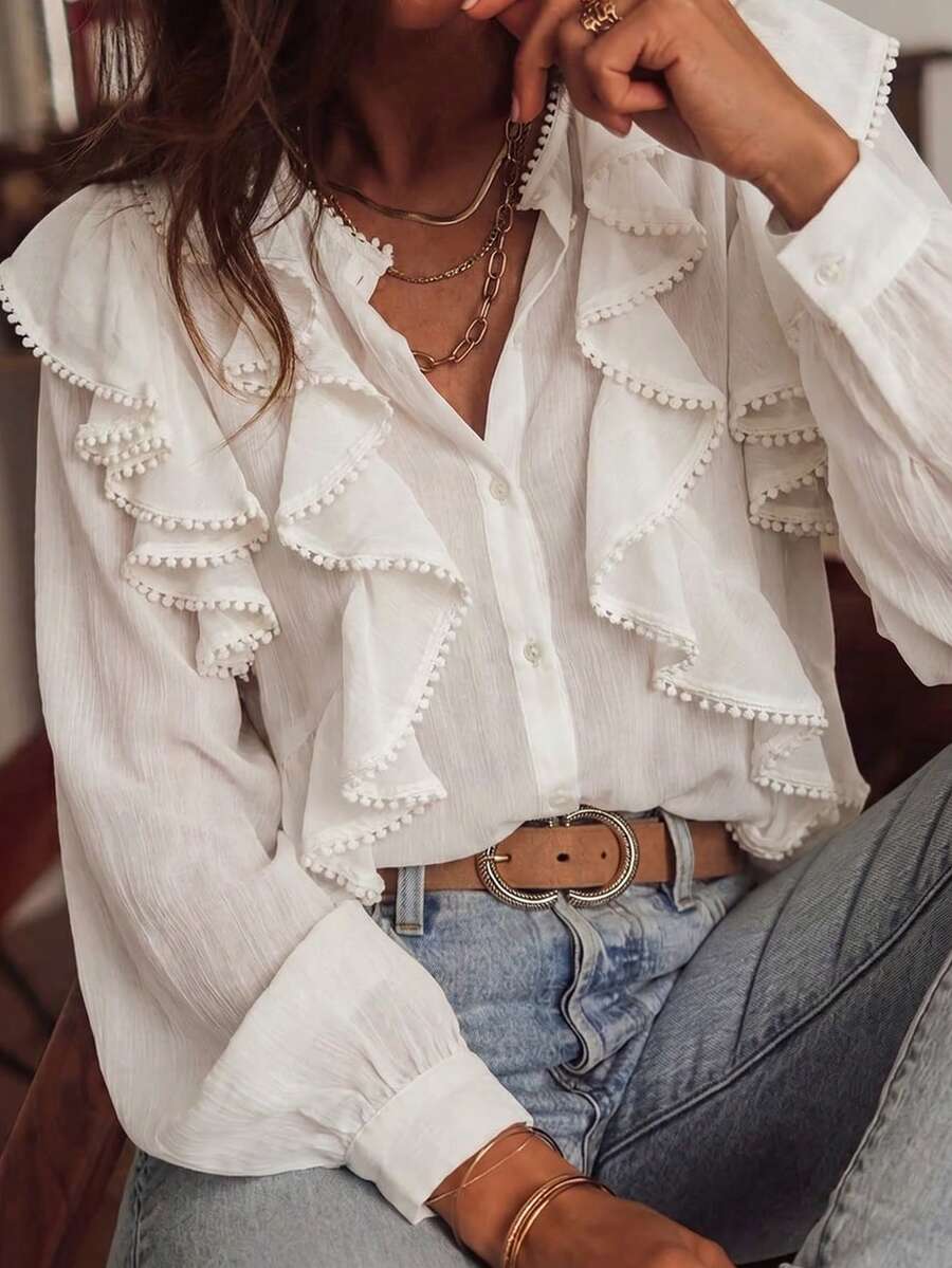 Áo kiểu nữ Look Polly thanh lịch, thường ngày, màu trắng, viền bèo nhún, cổ chữ V, cài cúc phía trước, tay dài, thích hợp cho mùa hè. - trắng - Xem 1