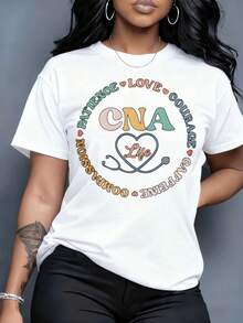 Cna Life T-Shirt With A Design Of Patience, Love, Courage, Compassion, Care And Attention For Certified Nursing Assistants, Ideal For Home, Outdoor Activities, Valentine's Day Gift Or Parties. - 白色 - 查看 2