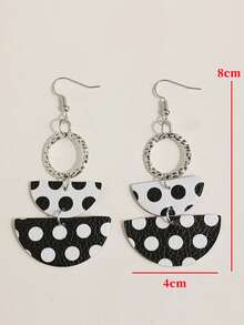 1 Pair New Crescent Moon Spotted PU Leather & Zinc Alloy Hoop Earrings - Black and White - View 3
