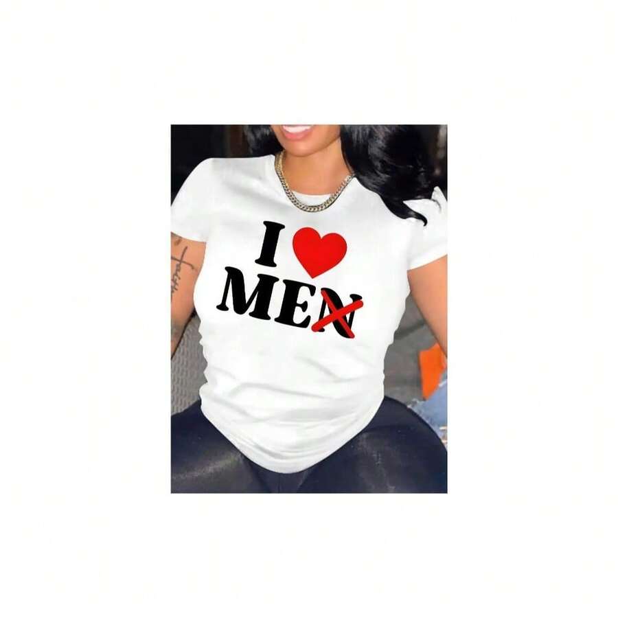 Women's Casual Summer T-Shirt With Round Neck, Short Sleeves And Fitted, Featuring An Oil Painting Print With Floral, Heart, Cherry And Lettering. - WHITE-yH405 - View 1