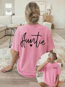 Women's T-Shirt With Double-Sided Front/Back Print - Short Sleeve, Round Neck, Casual Style, Suitable For Casual Wear, Machine Washable, With "Auntie" And Heart Print, Non-Blouse Style For Layering Or Wearing As A Top, 100% Cotton - 深粉紅色 - 查看 12