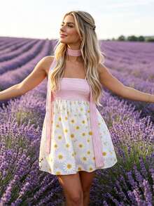 Vestido Mini para Mujer con Estampado Floral y Cuello de Bufanda, Sin Mangas A-Line, Fluido para Vacaciones y Citas de Verano - Blanco - Ver 6