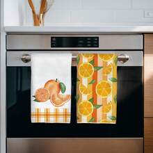 2pcs Kitchen Towels, Summer Striped Plaid Orange Print, 40*60cm Modern Style Rectangular Super Soft Fiber Kitchen Towels, Dish Cloths, Hand Towels, Kitchen Decor, Housewarming Gift, Suitable For Kitchen And Bathroom, Great For Housewives And Family Gatherings, High Cost-Performance, Household Essential - Orange - View 5