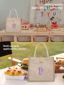 1pc Embroidered Letter Pattern Handbag, Floral Print Linen Tote Bag, Ditsy Floral Linen Decorative Button Handbag, Minimalist Large Capacity Handbag, Portable Casual Storage Tote Bag, Multifunctional Shopping Bag - Multicolor - View 7