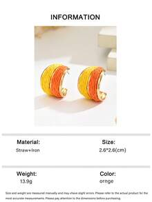 1 Pair Minimalist Cute Cartoon Orange C-Shaped Handmade Woven Raffia Earrings, Fashion Exaggerated Big C-Hoop Raffia Bicolor Earrings Suitable For Women's Daily, Vacation, Party Wear (Handmade Weaving Technique Random) - Orange - View 6