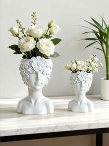 1pc White Head Vases, Modern Minimalist Sculpture Flower Pots, Unique Bust Planter For Home & Office Decor, Aesthetic Room Centerpiece - Petal Face - View 5