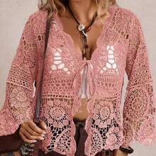 Plus Size Casual Solid Color Openwork Knit Cardigan Winter Fall Autumn - Rosa - Ver 1