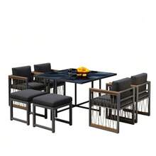 7-Piece Outdoor Table And Chair Set For 6 People, Tempered Glass Table, Plastic And Wood Handrails, Ideal For Meals In The Backyard Or Garden. - 黑色 - 查看 1