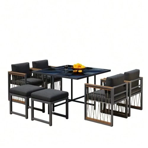 7-Piece Outdoor Table And Chair Set For 6 People, Tempered Glass Table, Plastic And Wood Handrails, Ideal For Meals In The Backyard Or Garden. - 黑色 - 查看 1