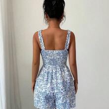 Women's Apricot Base Multi-Color Printed Frill Trim Spaghetti Strap Tie Waist Jumpsuit, Elegant & Sophisticated, Suitable For Valentine's Day, Easter, May Day, Birthday, Date, Party, Formal Occasions, Teacher's Outfit, High-Vibe, Spring/Summer - Azul y blanco - Ver 3