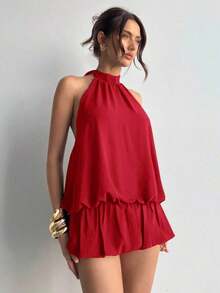 casual de verano para mujer con cuello halter, unicolor y volantes en el bajo - Rojo - Ver 5
