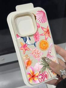 度假风单件装复古时尚芙蓉椰树图案荔枝纹理软壳手机壳，兼容苹果手机，防滑防摔 - 彩色 - 查看 2