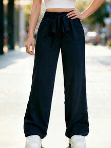 Pantalones Para Mujer Verano Color Sólido Cintura Media de la Correa Moda Casual Súper Cómodo - Azul Marino - Ver 10