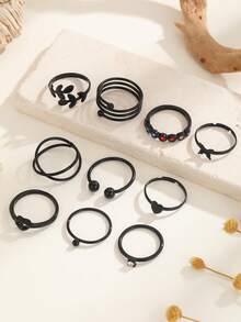 10pcs Black Minimalist Personalized Ring Set, Butterfly, Leaf, Heart Shaped, Suitable For Women's Daily And Party Wear, Jewelry Gift - Black - View 4