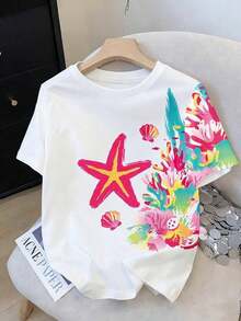 Camiseta de mujer de estilo chino con estampado digital, camiseta de cuello redondo vintage de denim azul con flores y pájaros, camiseta de mujer con estampado digital de flores y pájaros orientales, top casual de verano de cuello redondo - Blanco 5 - Ver 1