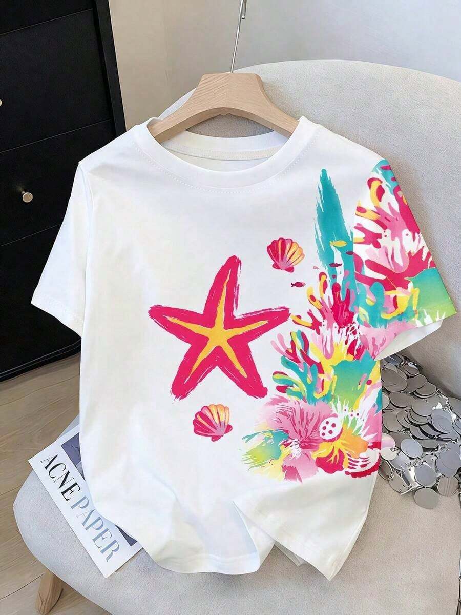 Camiseta de mujer de estilo chino con estampado digital, camiseta de cuello redondo vintage de denim azul con flores y pájaros, camiseta de mujer con estampado digital de flores y pájaros orientales, top casual de verano de cuello redondo - Blanco 5 - Ver 1
