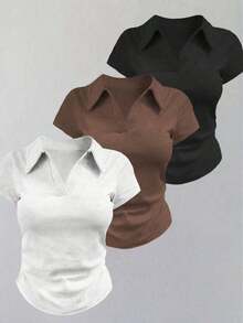 Camiseta casual de mujer con cuello polo, manga corta y estampado de corazones en color contrastante - Blanco 3 - Ver 1
