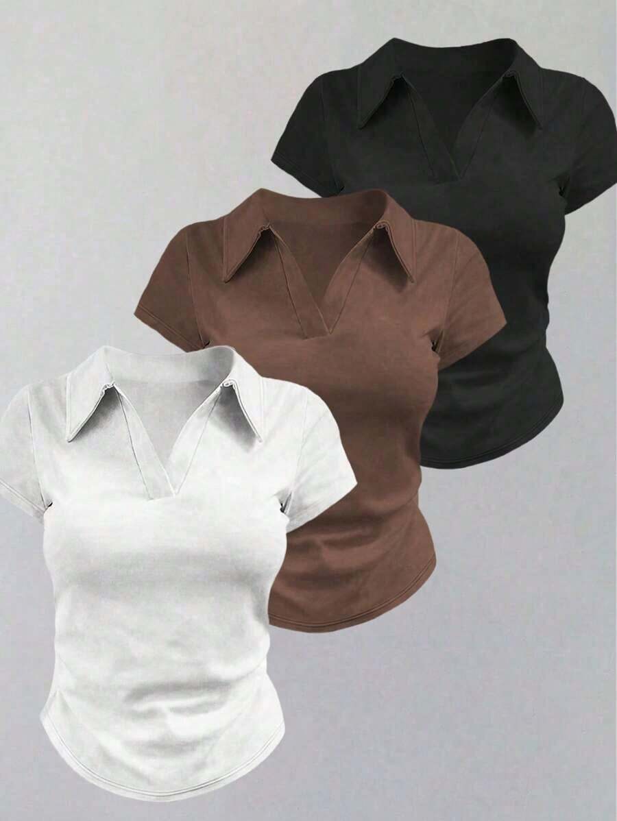 Camiseta casual de mujer con cuello polo, manga corta y estampado de corazones en color contrastante - Blanco 3 - Ver 1