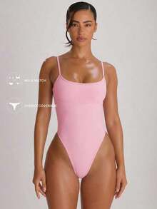 Resort Traje de baño con cuello recto, tirantes y corte alto en la pierna, tipo cheeky.Traje de baño básico unicolor para vacaciones, verano y viajes a la playa. - Rosa - Ver 1