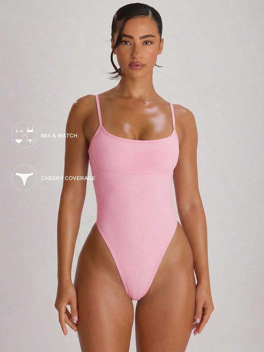 Resort Traje de baño con cuello recto, tirantes y corte alto en la pierna, tipo cheeky.Traje de baño básico unicolor para vacaciones, verano y viajes a la playa. - Rosa - Ver 1