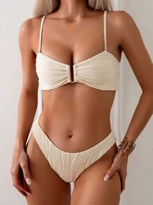 Swim Conjunto de bikini de verano para mujer de unicolor con pliegues y sexy - Albaricoque - Ver 1