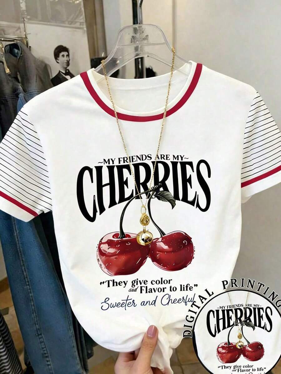 Camiseta de mujer de manga corta con cuello redondo, casual y versátil, a rayas - Multicolor 7 - Ver 1