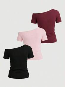 Camiseta casual de mujer con cuello asimétrico y decoración de cuentas, para verano - Multicolor - Ver 2