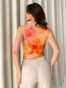 Camiseta de tirantes plisada minimalista y elegante para mujer, adecuada para el verano - Naranja - Ver 2