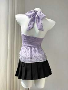 Blusa con cuello de volantes con estampado de lunares para mujer - Morado - Ver 2