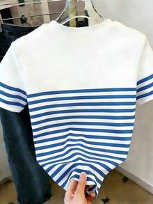 Camiseta de manga corta con cuello redondo y lazo a rayas, de estilo casual para el verano - Multicolor 10 - Ver 2