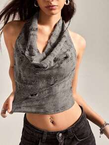 Top negro con tirantes de suspensión de cuello swing, azul claro - Marrón Mocha - Ver 6