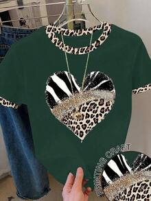 Camiseta casual de mujer de manga corta, cuello redondo, con estampado de bloques de color, leopardo y cereza - Multicolor - Ver 6