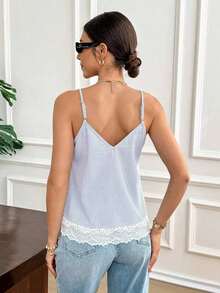 Camiseta de tirantes de mujer con estampado de encaje y parches, ideal para vacaciones de verano - Azul y blanco - Ver 2