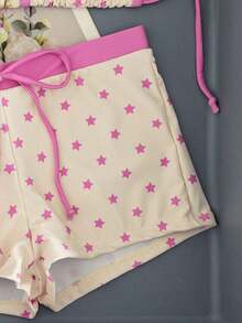 Conjunto de bikini de 2 piezas para mujer - Estampado de estrella con ribete sólido, parte superior tipo triángulo con escote halter (adornada con acentos de cuentas), Bottom tipo short de tiro alto, elegante ropa de playa de verano, traje de baño de tira - Rosa - Ver 5