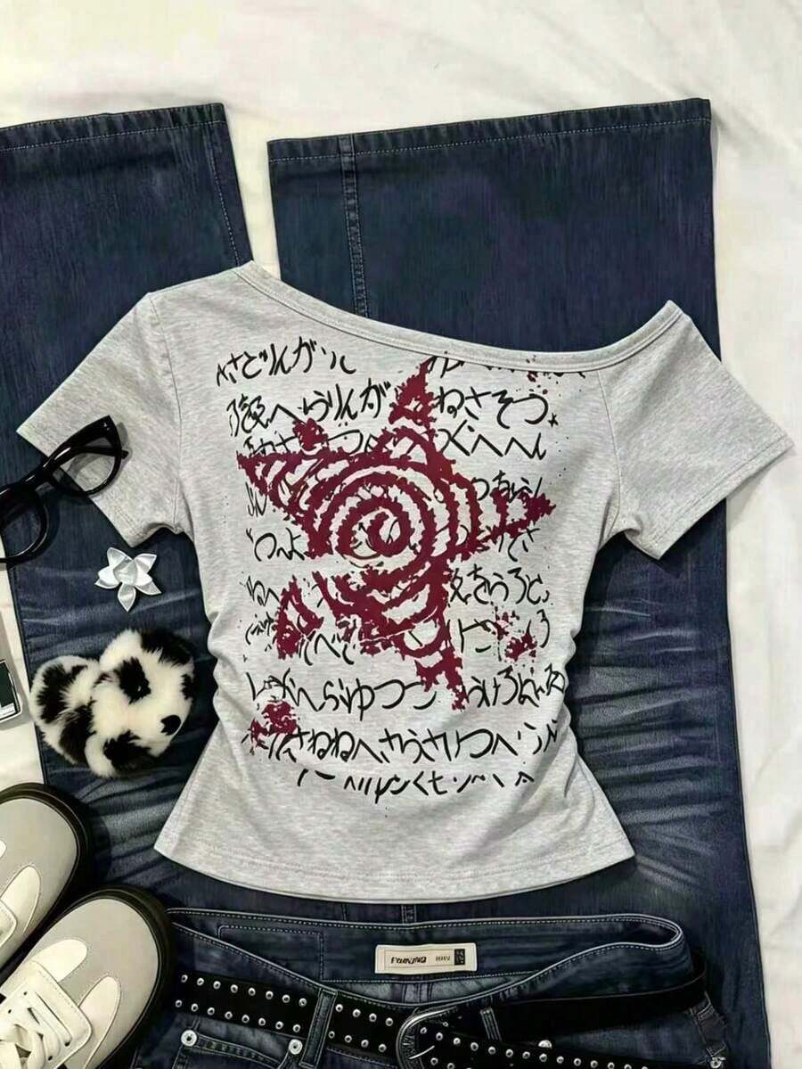 Camiseta casual de mujer con cuello asimétrico, estampado floral y de tigre, para verano - Multicolor 8 - Ver 1