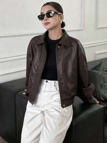 Chaqueta de cuero regular de mujer de PU grueso, casual y holgada, nueva para otoño/invierno - Marrón 2 - Ver 6
