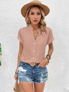 Blusa casual de verano de unicolor con botones delanteros y mangas cortas para uso diario - Rosa Pálido - Ver 5