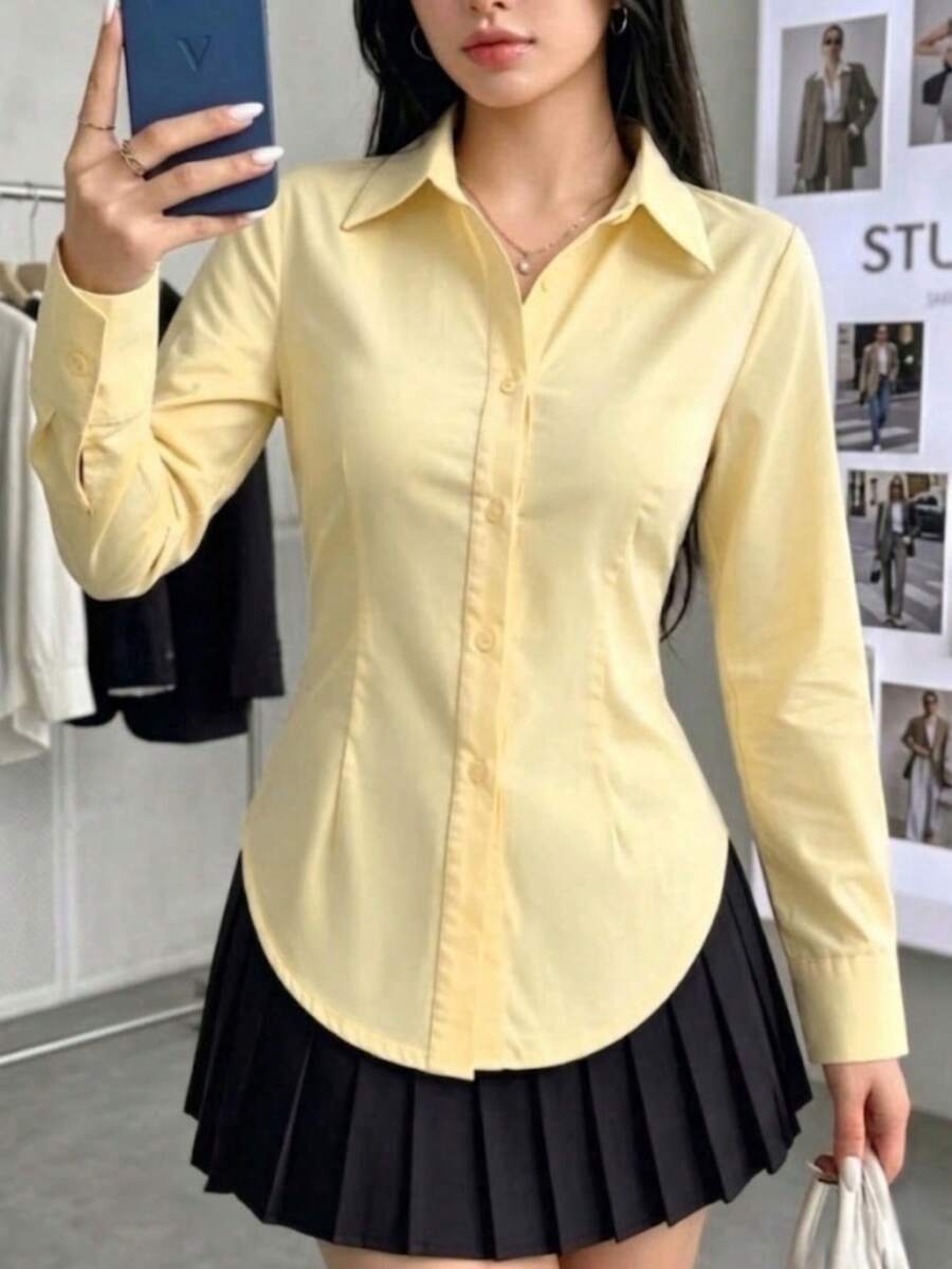 女士经典休闲长袖宽松时尚纽扣衬衫,适合办公室、休闲通勤和工作场合,春夏款 - 黃色 - 查看 1