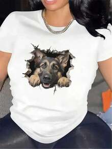 Camiseta Gráfica de Pastor Alemán en Blanco y Negro para Mujer - Tejido de Poliéster Suave, Camiseta de Cuello Redondo Duradera y Cómoda con Diseño Realista de Perro Mirando a Través de un Agujero, Corte Unisex para Uso Casual en el Hogar, Sala de Estar o Comedor, Camiseta Elegante para Todas las Temporadas, Camiseta de Perro, Comodidad para el Día a Día, Diseño Divertido, Tejido de Elasticidad Media, Comodidad Duradera - Blanco - Ver 12