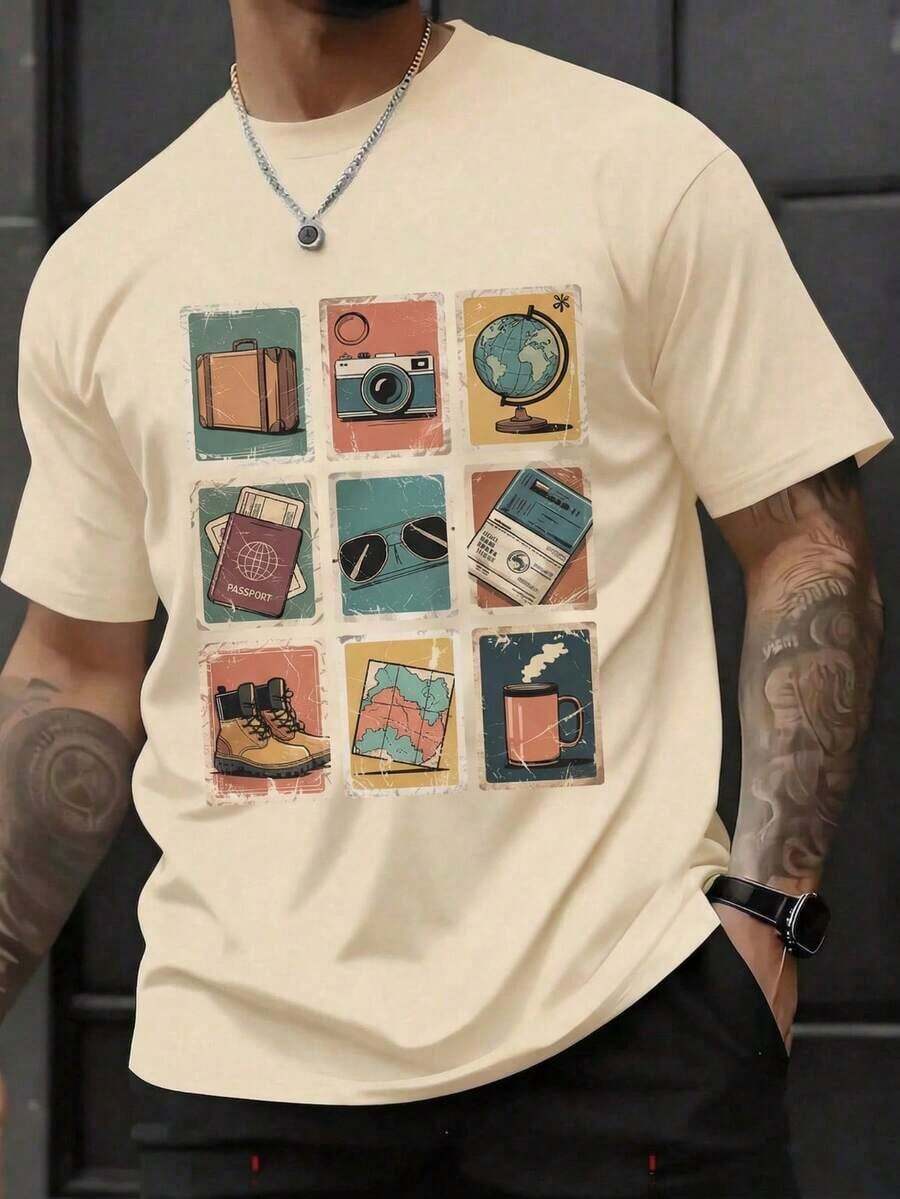 100% Pure Cotton, Breathable And Gentle On The Skin. Classic Crew Neck Design, Slim Fit, And Flattering For All Body Types. Fashionable Print With A Minimalist Style And High-Quality Finish. Unisex Design Perfect For Matching Outfits, Ideal For Everyday Wear, Dates, Leisure, And Streetwear – Versatile And Timeless. - 米色 - 查看 1
